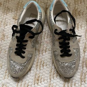 White raven, glittery, silver, and beige, sneakers with ⭐️⭐️